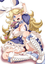 Rule 34 | 1girl, animal ears, black panties, blue eyes, boots, bravely default: flying fairy, bravely default (series), breasts, rabbit ears, cleavage, cross-laced footwear, earrings, covered erect nipples, jewelry, knee boots, lace-up boots, large breasts, microphone, nori (akusei shinseibutsu), one eye closed, panties, pinky out, platform footwear, praline a la mode, solo, sweat, tears, underwear, v, wince