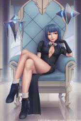 Rule 34 | 1girl, black dress, black footwear, blue eyes, blue hair, blunt bangs, breasts, cleavage cutout, clothing cutout, collared dress, commentary, copyright name, crossed legs, dated, dress, elbow gloves, elza valcorice, full body, gloves, high heels, highres, legs, lips, long hair, looking at viewer, miura-n315, mole, mole above mouth, nose, on chair, parted lips, puffy short sleeves, puffy sleeves, purple lips, reflection, shoes, short sleeves, sitting, small breasts, smile, solo, teeth, world slayer