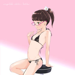 Rule 34 | 1girl, absurdres, arm support, bare arms, bare shoulders, bikini, black bikini, breasts, brown eyes, brown hair, closed mouth, commentary request, feet out of frame, flower, glasses, gradient background, hair flower, hair ornament, halterneck, hand up, highres, mayafufu, original, pink-framed eyewear, pink background, ponytail, semi-rimless eyewear, side-tie bikini bottom, small breasts, smile, solo, stool, string bikini, swimsuit, under-rim eyewear, white background, white flower