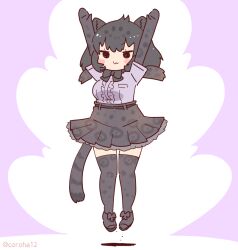 Rule 34 | 1girl, animal ears, arms up, belt, black hair, black jaguar (kemono friends), bow, bowtie, coroha, elbow gloves, extra ears, full body, gloves, jaguar ears, jaguar girl, jaguar print, jaguar tail, jumping, kemono friends, looking at viewer, purple background, shirt, shoes, short hair, simple background, skirt, solo, tail, thighhighs