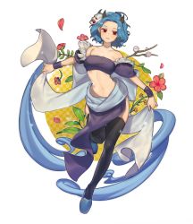 Rule 34 | bare shoulders, black thighhighs, blue footwear, blue hair, branch, breasts, character request, check copyright, cleavage, copyright request, flower, horns, kakuriyo no mon, mask, mask on head, medium breasts, navel, oni horns, red eyes, short hair, simple background, solo, standing, standing on one leg, thighhighs, wristband, yaka (kk1177)