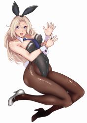 Rule 34 | 1girl, absurdres, animal ears, black leotard, black pantyhose, blonde hair, blue eyes, blue neckwear, breasts, detached collar, fake animal ears, highres, hornet (kancolle), kantai collection, large breasts, leotard, lips, long hair, looking at viewer, open mouth, pantyhose, playboy bunny, r31harutan, rabbit ears, rabbit tail, simple background, smile, solo, strapless, strapless leotard, tail, teeth, upper teeth only, white background, white footwear, wrist cuffs
