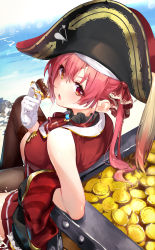 Rule 34 | 1girl, ascot, brooch, coin, food, gloves, gold coin, hair between eyes, hair ribbon, hand up, hat, heterochromia, highres, holding, holding food, hololive, houshou marine, jewelry, knee up, looking back, medium hair, open mouth, pirate hat, red ascot, red eyes, red hair, ribbon, sitting, solo, t-bth, thighhighs, virtual youtuber, white gloves, yellow eyes