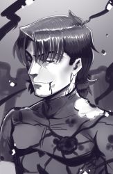 Rule 34 | 1boy, blood, blood from mouth, boa (brianoa), closed mouth, fate/stay night, fate (series), greyscale, half-closed eyes, highres, kotomine kirei, looking at viewer, male focus, monochrome, parted bangs, purple theme, shirt, short sleeves, smile, solo, torn clothes, upper body