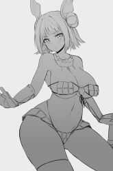 Rule 34 | 1girl, absurdres, adapted costume, bikini, blunt bangs, blush, breasts, cleavage, closed mouth, collarbone, commentary request, contrapposto, cowboy shot, double bun, efukei, front-tie top, gluteal fold, greyscale, hair bun, haniwa (statue), highres, jewelry, joutouguu mayumi, large breasts, looking at viewer, looking to the side, magatama, magatama necklace, monochrome, necklace, short hair, simple background, solo, standing, strapless, strapless bikini, sweat, swimsuit, sword, touhou, vambraces, weapon, white background