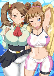 Rule 34 | 10s, 2girls, aoi manabu, arm up, armpits, blue eyes, blush, breasts, brown eyes, brown hair, clothes lift, condom, condom in mouth, female focus, gundam, gundam build fighters, gundam build fighters try, hair ornament, hoshino fumina, huge breasts, large breasts, long hair, long twintails, midriff, mouth hold, multiple girls, navel, one eye closed, pants, pantyhose, ponytail, sazaki kaoruko, school uniform, skirt, skirt lift, smile, standing, steam, sweat, tank top, thigh gap, twintails, uniform, wink