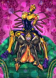 Rule 34 | 1990s (style), 2girls, airazor, artist name, beast wars, black eyes, blackarachnia, blush, breasts, cleavage, couch, floral background, floral print, green eyes, highres, arthropod girl, insignia, large breasts, lips, looking at viewer, machine, machinery, maximal, mecha, multiple girls, no humans, on couch, one eye closed, open mouth, personification, predacon, retro artstyle, robot, sidelocks, sitting, smile, sparkle, spider girl, standing, tack (dnet), transformers, wings