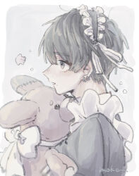 Rule 34 | 1boy, ao moke, apron, artist name, border, bow, collared dress, commentary request, crossdressing, dress, ear piercing, framed, frilled apron, frills, from side, grey background, grey dress, grey eyes, grey hair, highres, holding, holding stuffed toy, looking to the side, maid, maid apron, maid headdress, male focus, mole, mole under mouth, muted color, original, outside border, parted lips, partial commentary, piercing, profile, ribbon, short hair, solo, stitches, stuffed animal, stuffed toy, teddy bear, two-tone dress, upper body, white apron, white border, white bow, white dress, white ribbon