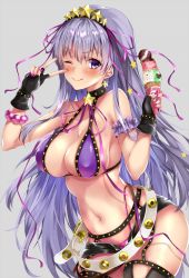 Rule 34 | 1girl, ;q, bare shoulders, bb (fate), bb (fate) (all), bb (swimsuit mooncancer) (fate), bb (swimsuit mooncancer) (second ascension) (fate), belt, belt buckle, bikini, black gloves, black thighhighs, blush, breasts, buckle, cleavage, fate/grand order, fate (series), fingerless gloves, fingernails, food, gloves, gold trim, grey background, hair between eyes, hair ornament, hair ribbon, highleg, highleg bikini, holding, holding food, ice cream, ice cream cone, large breasts, long hair, marisasu (marisa0904), micro shorts, nail polish, navel, one eye closed, purple bikini, purple eyes, purple hair, purple nails, purple ribbon, ribbon, shorts, solo, star (symbol), star hair ornament, swimsuit, thighhighs, tongue, tongue out, triple scoop, v over eye, very long hair, white belt