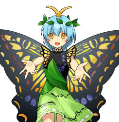 Rule 34 | 1girl, antennae, aqua hair, breasts, butterfly wings, cowboy shot, dress, eternity larva, fairy, green dress, hair between eyes, insect wings, kaigen 1025, leaf, leaf on head, looking at viewer, multicolored clothes, multicolored dress, open mouth, short hair, short sleeves, simple background, small breasts, smile, solo, touhou, white background, wings, yellow eyes