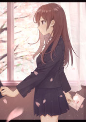 Rule 34 | 1girl, absurdres, bad id, bad pixiv id, blazer, blush, brown eyes, brown hair, cherry blossoms, closed mouth, clothes tug, commentary request, day, envelope, graffy boring, highres, holding, indoors, jacket, letter, long hair, long sleeves, necktie, original, pleated skirt, red neckwear, school uniform, shirt, skirt, solo focus, standing, sweat, white shirt, window