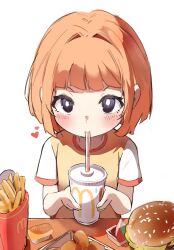Rule 34 | 1girl, black eyes, blunt bangs, blunt ends, blush, bob cut, bright pupils, burger, chicken nuggets, closed mouth, commentary, cup, daughter (yoru mac), disposable cup, drink, drinking, drinking straw, english commentary, food, french fries, from above, heart, highres, holding, holding cup, holding drink, light smile, looking at viewer, looking up, mcdonald&#039;s, multicolored shirt, orobou, own hands together, raglan sleeves, red hair, red shirt, sauce, sesame seeds, shirt, short hair, short sleeves, simple background, smile, solo, t-shirt, table, upturned eyes, w arms, white background, white pupils, white shirt, yellow shirt, yoru mac