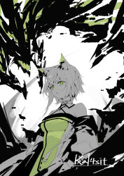 Rule 34 | 1girl, absurdres, animal ear fluff, animal ears, areaaaron, arknights, bare shoulders, belt collar, breasts, character name, collar, criss-cross halter, green theme, halterneck, highres, kal&#039;tsit (arknights), looking at viewer, medium breasts, medium hair, monochrome, off-shoulder jacket, off shoulder, parted lips, solo, upper body