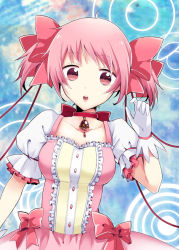 Rule 34 | 10s, 1girl, bow, breasts, choker, female focus, frills, gloves, hair bow, jewelry, kaname madoka, magical girl, mahou shoujo madoka magica, mahou shoujo madoka magica (anime), mitsuru (mitsu5), open mouth, pendant, pink eyes, pink hair, puffy sleeves, solo, twintails