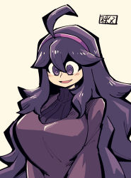Rule 34 | 1girl, @ @, ahoge, alternate breast size, beige background, blush, breasts, chichibu (watson), creatures (company), female focus, game freak, hair ornament, hairband, hex maniac (pokemon), large breasts, long hair, long sleeves, looking down, nintendo, npc trainer, open mouth, pokemon, pokemon xy, purple eyes, purple hair, purple hairband, purple sweater, purple theme, signature, simple background, smile, solo, sweater, text focus, turtleneck, turtleneck sweater, upper body