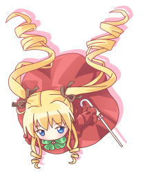 Rule 34 | 00s, 1girl, blonde hair, blue eyes, bow, bowtie, chibi, dress, drill hair, flying, from above, full body, green bow, green bowtie, long sleeves, looking at viewer, mirai (sugar), red dress, rozen maiden, shinku, sidelocks, simple background, solo, twin drills, twintails, white background