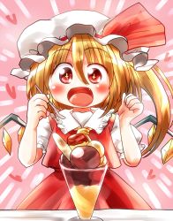 Rule 34 | 1girl, blonde hair, blush, bow, emphasis lines, fang, flandre scarlet, hat, hat bow, mob cap, open mouth, parfait, red eyes, rokugou daisuke, side ponytail, solo, sparkling eyes, touhou, wings