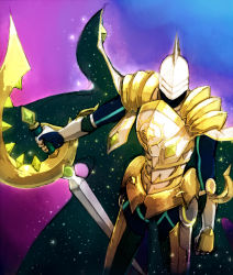Rule 34 | 1boy, armor, cape, constellar pleiades, duel monster, gradient background, helmet, knight, male focus, solo, sword, tere, weapon, yu-gi-oh!