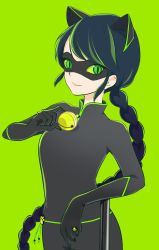Rule 34 | 1girl, alternate costume, animal ears, bell, black hair, bodysuit, braid, breasts, cat ears, cat girl, domino mask, eyebrows visible through mask, green eyes, highres, jewelry, lady noire, long hair, marinette dupain-cheng, mask, miraculous ladybug, ring, small breasts, solo, staff