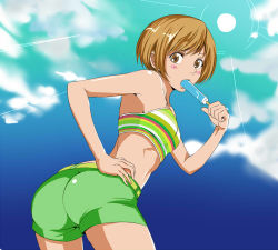 Rule 34 | 1girl, ass, atlus, bent over, brown eyes, brown hair, candy, food, legs, lollipop, looking at viewer, looking back, persona, persona 4, popsicle, satonaka chie, short hair, shorts, solo, suta furachina, tank top