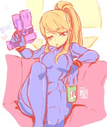 Rule 34 | 1girl, artist name, black eyes, blonde hair, blue bodysuit, blush, bodysuit, breasts, can, couch, covered navel, english text, female focus, gun, half-closed eyes, hand up, handgun, heart, holding, holding gun, holding weapon, jaggy lines, knee up, light blush, logo, long hair, looking at viewer, looking to the side, medium breasts, metroid, nintendo, open mouth, outline, ponytail, raised eyebrow, samus aran, signature, sitting, sketch, solo, starmilk, super smash bros., super smash bros. logo, sweat, swept bangs, teeth, weapon, white outline, zero suit