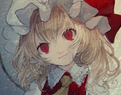 Rule 34 | 1girl, ascot, blonde hair, bow, commentary request, fang, fang out, flandre scarlet, frilled shirt collar, frills, grey background, hair between eyes, hat, hat bow, head tilt, looking at viewer, mob cap, mochacot, pointy ears, portrait, puffy short sleeves, puffy sleeves, red bow, red eyes, red vest, shirt, short hair, short sleeves, slit pupils, smile, solo, touhou, vest, white hat, white shirt, yellow ascot