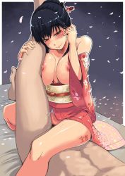 Rule 34 | 1boy, 1girl, bed, black hair, blush, breast press, breasts, clothed female nude male, clothed sex, covering privates, dark-skinned male, dark skin, girl on top, hair bun, hetero, japanese clothes, kimono, large breasts, legs, mole, nipples, no bra, no panties, nude, off shoulder, petals, pubic hair, ryo (liver sashi daisuki!), sex, shijuuhatte, simple background, single hair bun, smile, straight scissoring, text focus, translated, vaginal, yukata