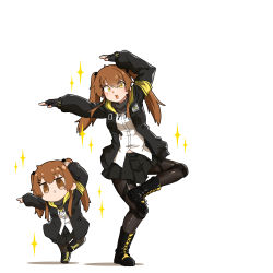 Rule 34 | 2girls, :3, armband, black footwear, black gloves, boots, brown eyes, brown hair, chibi, clone, commentary request, fingerless gloves, full body, girls&#039; frontline, gloves, hair ornament, hairclip, highres, jacket, long hair, looking at viewer, multiple girls, myon2, open mouth, shirt, simple background, skirt, smile, standing, standing on one leg, star (symbol), tactical clothes, twintails, ump9 (girls&#039; frontline), white background, white shirt, yellow eyes