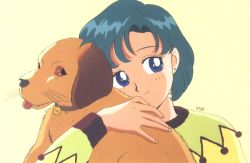 Rule 34 | 1990s (style), 1girl, artist name, bishoujo senshi sailor moon, blue eyes, blue hair, brown eyes, collar, dog, earrings, holding, jewelry, kazu., long sleeves, mizuno ami, official art, retro artstyle, simple background, smile, sweater, tongue, yellow background
