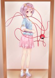 Rule 34 | 1girl, absurdres, blue shirt, breasts, brown hairband, closed mouth, collar, floor, floral print, flower, from behind, hair between eyes, hairband, heart, heart-shaped pupils, highres, komeiji satori, looking at viewer, mantou xiang, medium breasts, mirror, pink background, pink eyes, pink flower, pink footwear, pink rose, pink skirt, reflection, rose, rose print, shirt, short hair, short sleeves, skirt, slippers, smile, socks, solo, standing, symbol-shaped pupils, t-shirt, third eye, touhou, wall, white socks