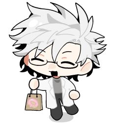 Rule 34 | 1boy, :3, bag, black pants, chibi, chinese commentary, closed eyes, commentary request, glasses, grey shirt, holding, holding bag, kanou aogu, lab coat, long sleeves, male focus, open mouth, pants, paper bag, round eyewear, saibou shinkyoku, shirt, simple background, solo, white background, white hair, xiaoyuweiliang