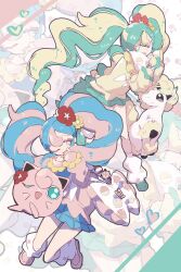Rule 34 | 2girls, absurdres, alternate color, bag, blonde hair, blue eyes, blue hair, clefairy, creatures (company), dual persona, fairy miku (project voltage), flower, full body, galarian form, galarian ponyta, game freak, gen 1 pokemon, gen 8 pokemon, green hair, hair flower, hair ornament, hatsune miku, heart, highres, jigglypuff, long hair, long sleeves, loose socks, lugh, multicolored hair, multiple girls, nintendo, one eye closed, open mouth, pink hair, plaid, plaid vest, pokemon, pokemon (creature), project voltage, shiny pokemon, sleeves past wrists, smile, socks, twintails, vest, vocaloid, zoom layer