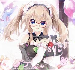 Rule 34 | 1girl, 9-nine-, :d, bare shoulders, black collar, black dress, black ribbon, blush, box, breasts, cleavage, collar, commentary request, detached collar, dress, eyelashes, eyes visible through hair, flower, gift, gift box, glasses, hair between eyes, highres, holding, holding gift, imoe (1017933989), indoors, kujou miyako, large breasts, light brown hair, long hair, looking at viewer, maid, maid headdress, neck ribbon, official alternate costume, official alternate hairstyle, open mouth, red-framed eyewear, red flower, red rose, ribbon, rose, sidelocks, smile, solo, straight-on, twintails, upper body, wavy hair