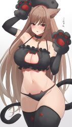 Rule 34 | 1girl, animal ears, animal hands, arm up, bare shoulders, bell, black gloves, black hat, black panties, black thighhighs, breasts, brown hair, cat cutout, cat ear panties, cat ears, cat lingerie, cat tail, cleavage cutout, clothing cutout, commentary, gloves, goddess of victory: nikke, hand up, hat, highres, large breasts, long hair, looking at viewer, meme attire, navel, neck bell, panties, paw gloves, rapi (nikke), red eyes, solo, star (symbol), star print, tail, thick thighs, thighhighs, thighs, translated, underwear, wabimochi, white background