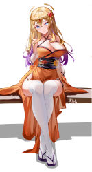 Rule 34 | absurdres, ban tang, blonde hair, blue eyes, breasts, character request, circlet, dress, highres, kamihime project, large breasts, legs together, looking at viewer, sandals, sitting, thighhighs, white thighhighs