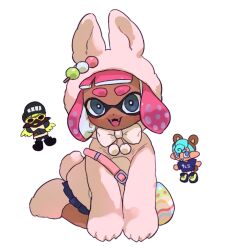 Rule 34 | 1girl, 2boys, :p, aki (gsl 9708), animal costume, bow, bowtie, commentary request, dango, dark-skinned female, dark skin, dot nose, egg, food, grey eyes, ikki (gsl 9708), inkling, inkling boy, inkling girl, inkling player character, korean commentary, looking at viewer, medium hair, multiple boys, nintendo, octoling, octoling boy, octoling player character, open mouth, pink hair, rabbit costume, short eyebrows, simple background, smile, splatoon (series), teeth, tentacle hair, thick eyebrows, tongue, tongue out, wagashi, white background, white bow, white bowtie