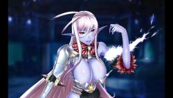 Rule 34 | 1girl, black sclera, blue skin, breasts, cleavage, colored sclera, colored skin, long hair, looking at viewer, monster girl, pointy ears, red eyes, tokyo tenma devil prison, white hair