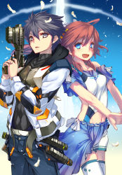 Rule 34 | 1boy, 1girl, ahoge, bare shoulders, belt, black hair, black shirt, blue eyes, blue pants, blue sarong, blush, breasts, commentary, cover image, cowboy shot, dress, feathers, gun, hair between eyes, hands up, highres, holding, holding gun, holding weapon, jacket, kazamine honomi, kazamine touya, long hair, long sleeves, looking at viewer, midriff, navel, ntny, official art, open mouth, pants, parted lips, red hair, saisei no paradigm shift, sarong, shirt, short hair, short sleeves, small breasts, smile, star (symbol), teeth, thighhighs, weapon, white dress, white jacket, white thighhighs
