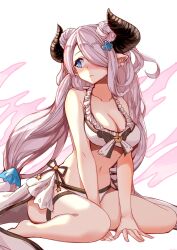 Rule 34 | 1girl, :3, bare arms, bare shoulders, barefoot, between legs, bikini, black horns, blue eyes, blush, bow, bow bikini, breasts, cleavage, closed mouth, collarbone, double bun, earrings, frilled bikini, frills, granblue fantasy, grey hair, hair bun, hair ornament, hand between legs, horns, jewelry, long hair, looking to the side, low twintails, medium breasts, narmaya (granblue fantasy), narmaya (summer) (granblue fantasy), navel, one eye covered, pointy ears, sitting, smile, solo, swept bangs, swimsuit, thigh strap, twintails, very long hair, wariza, watchdog rol (y1104280730), white bikini
