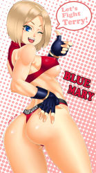 Rule 34 | 1girl, :d, ;d, ass, blonde hair, blue eyes, blue mary, breasts, character name, covered erect nipples, english text, fatal fury, fingerless gloves, gloves, highres, huge ass, large breasts, looking at viewer, neo geo, no pants, one eye closed, open mouth, smile, snk, solo, speech bubble, sports bra, teeth, the king of fighters, thong, thumbs up, toned, underboob, wink, zonda (solid air)