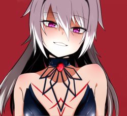 Rule 34 | 1boy, bad id, bad pixiv id, bare arms, bare shoulders, bright pupils, choker, closers, collarbone, eyes visible through hair, gem, hair between eyes, half-closed eyes, jewelry, long hair, looking at viewer, male focus, markings, mistilteinn (closers), open mouth, purple eyes, red background, shadow, simple background, smile, smirk, smug, solo, upper body, white hair, white pupils, xion (pulilulu)