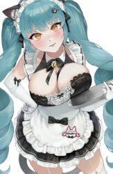 Rule 34 | 1girl, animal ears, apron, black dress, blue hair, blush, breasts, cat ears, cat tail, dress, drill hair, elbow gloves, fake animal ears, fake tail, gloves, goddess of victory: nikke, holding, large breasts, legwear garter, light blue hair, long hair, looking at viewer, maid, maid headdress, neck bell, official alternate costume, paw hair ornament, privaty (nikke), privaty (unkind maid) (nikke), rune (renee 1022), solo, sweat, tail, thighhighs, twin drills, twintails, very long hair, white apron, white background, white gloves, white thighhighs, yellow eyes