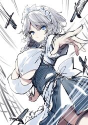 Rule 34 | 1girl, blue eyes, braid, breasts, cleavage, commentary request, grey hair, highres, huge breasts, izayoi sakuya, knife, looking at viewer, maid, short hair, side braids, simple background, solo, touhou, tousen, twin braids, white background