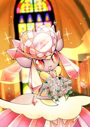 Rule 34 | 1girl, animal ears, blurry, blurry background, bouquet, chest jewel, colored sclera, colored skin, creatures (company), diancie, female focus, flower, free butterfree, game freak, gen 6 pokemon, grey skin, happy, heart, highres, holding, holding bouquet, legendary pokemon, long hair, looking at viewer, mega diancie, mega pokemon, mythical pokemon, nintendo, open mouth, pink gemstone, pink hair, pokemon, pokemon (creature), red sclera, rose, sidelocks, smile, solo, sparkle, white flower, white rose, yellow eyes