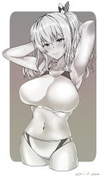 Rule 34 | 1girl, absurdres, alternate costume, arm behind head, attyon, breasts, collarbone, commentary request, cowboy shot, cropped legs, greyscale, hair ornament, highres, kantai collection, kashima (kancolle), large breasts, looking at viewer, midriff, monochrome, sidelocks, smile, solo, sports bikini, track uniform, twintails, two-tone background, wavy hair