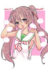 Rule 34 | 1girl, armpits, breasts, brown hair, hair ribbon, highres, kantai collection, libeccio (kancolle), looking at viewer, open mouth, paw pose, purple eyes, ribbon, rokukun, sailor collar, school uniform, serafuku, simple background, sleeveless, small breasts, solo, tan, twintails, upper body