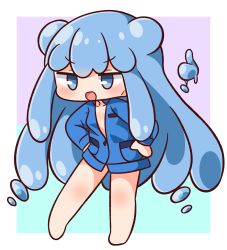 Rule 34 | 1girl, :d, bare shoulders, blue eyes, blue hair, blue shirt, blush, chibi, collarbone, collared shirt, commentary request, dress shirt, full body, half slime-chan, hana kazari, hands on own hips, highres, long hair, long sleeves, looking away, monster girl, open mouth, original, revision, shirt, slime girl, smile, solo, v-shaped eyebrows, very long hair