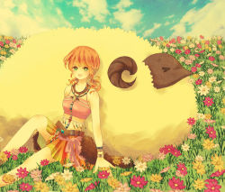 Rule 34 | 10s, 1girl, animal, artist request, blue sky, field, final fantasy, final fantasy xiii, flower, highres, looking at viewer, oerba dia vanille, sheep, sitting, skirt, sky, smile, tribal, twintails