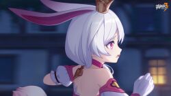 Rule 34 | 1girl, animal ears, back, bare shoulders, chinese commentary, choker, crown, gloves, highres, honkai (series), honkai impact 3rd, logo, night, official alternate costume, official art, official wallpaper, open mouth, outdoors, pink choker, pink eyes, rabbit ears, running, solo, theresa apocalypse, theresa apocalypse (sakuno rondo), upper body, white gloves, white hair, window