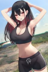 Rule 34 | 1girl, absurdres, amane sora, armpits, arms up, bare arms, bare shoulders, black hair, black shorts, black sports bra, blue sky, blurry, blurry background, blush, breasts, cleavage, closed mouth, cowboy shot, crop top, day, dolphin shorts, drawstring, dutch angle, hair tie in mouth, highres, large breasts, long hair, looking at viewer, mole, mole on breast, mole under mouth, mouth hold, multicolored hair, navel, open clothes, original, outdoors, red eyes, red hair, shadow, short shorts, shorts, sidelocks, sky, smile, solo, sports bra, standing, stomach, two-tone hair, tying hair